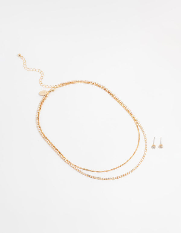 Gold Cubic Zirconia Earrings & Layered Necklace Set