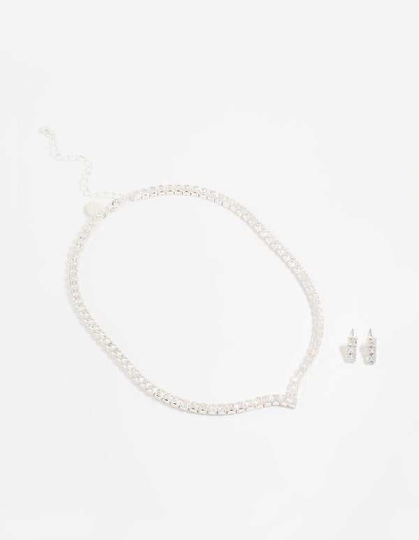Silver Cubic Zirconia Thick V Necklace & Earrings Set
