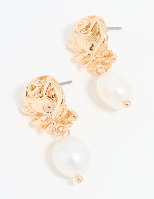 Gold Pearl Rose Drop Earrings