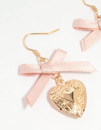 Gold Heart Locket & Pink Bow Drop Earrings - link has visual effect only