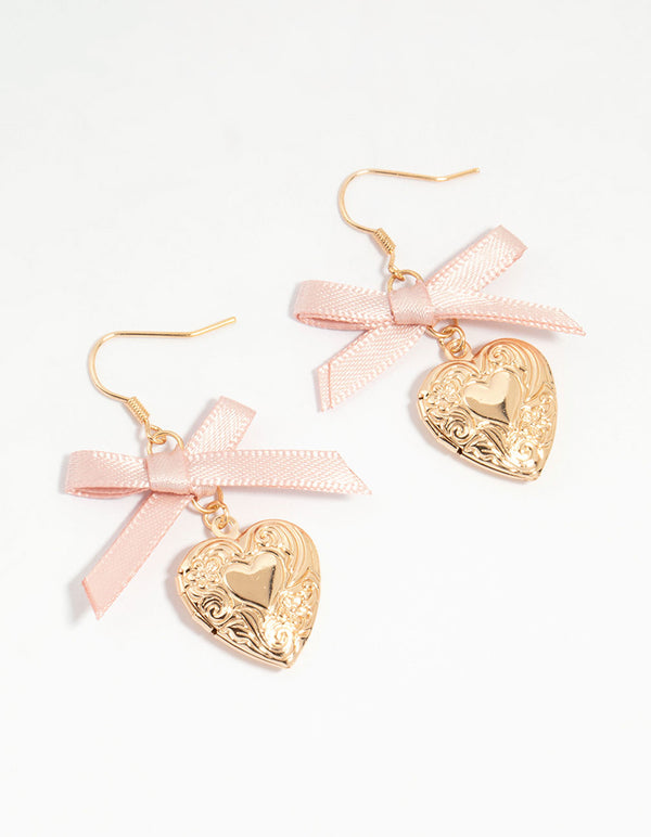 Gold Heart Locket & Pink Bow Drop Earrings