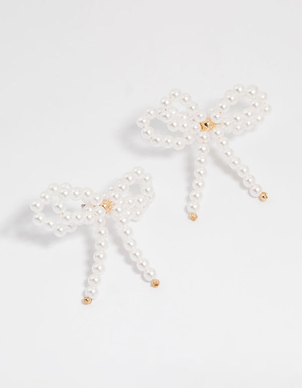 Gold Pearl Bow Stud Earrings