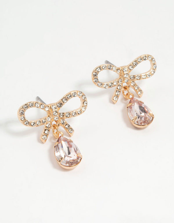 Gold Diamante Dainty Bow Drop Earrings