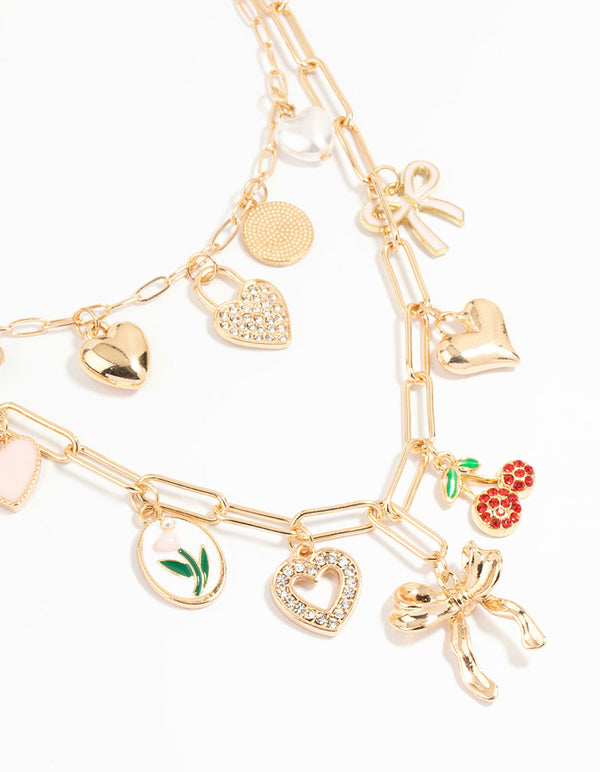Gold Heart & Bow Charm Necklace