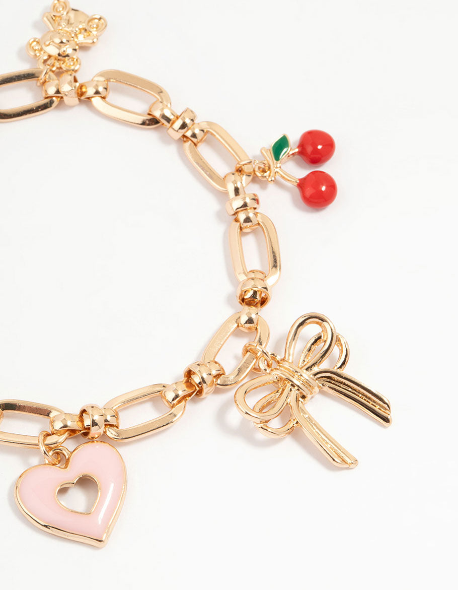 Gold Cherry & Heart Charm Bracelet