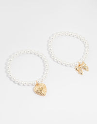 Gold Pearl & Heart Locket Stretch Bracelets 2-Pack - link has visual effect only