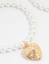 Gold Pearl & Heart Locket Stretch Bracelets 2-Pack - link has visual effect only