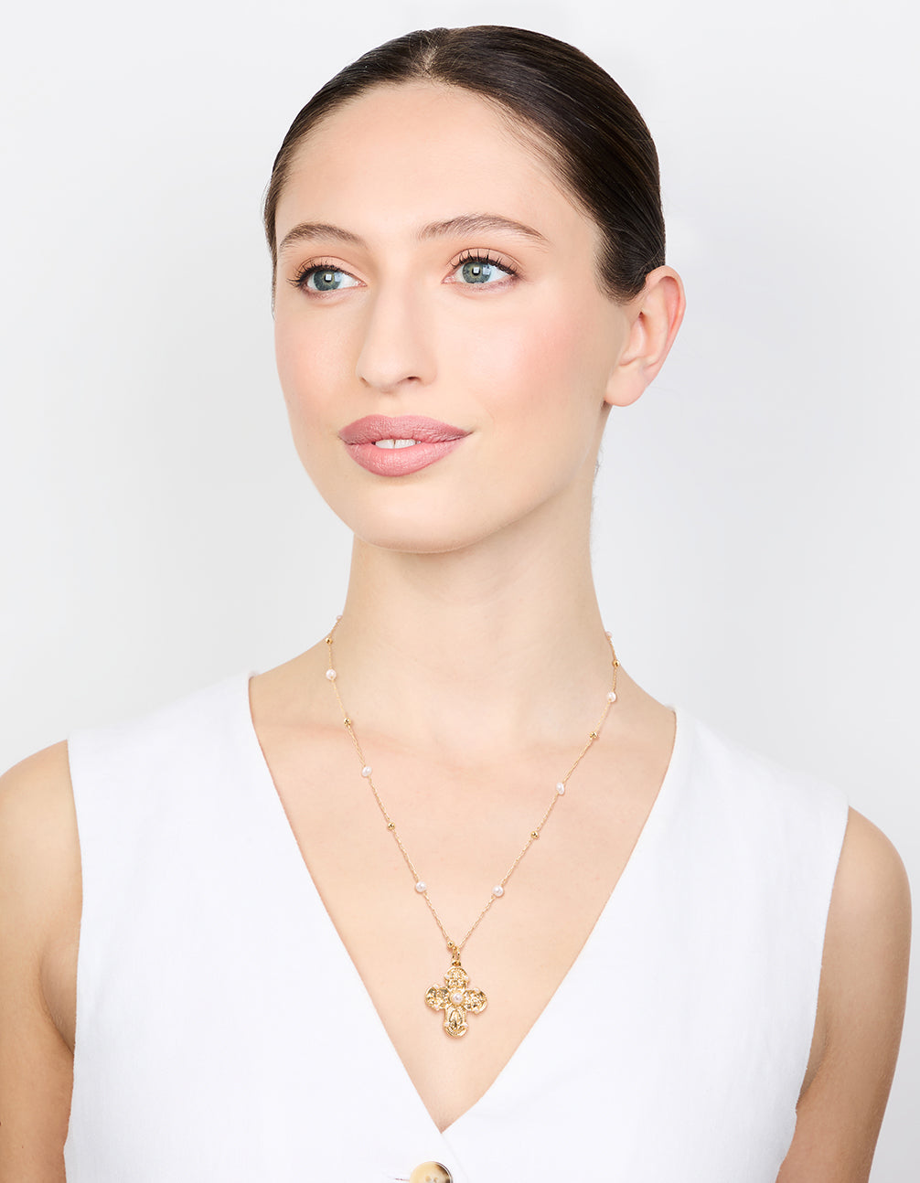Gold Plated Pearl Station Cross Necklace
