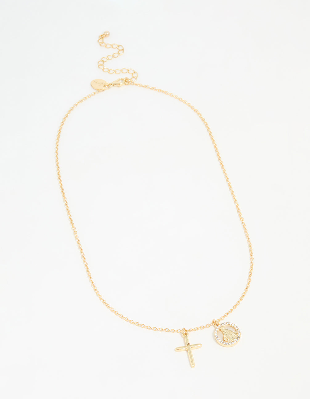 Gold Plated Cross & Mary Charm Necklace