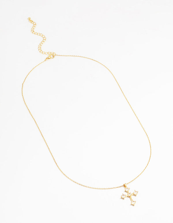 Gold Plated Cubic Zirconia Gothic Cross Necklace & Stud Earrings Set