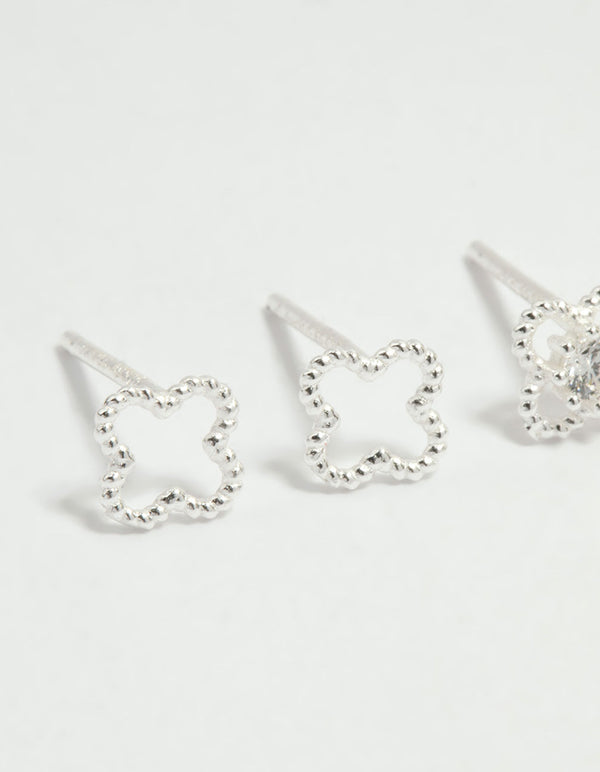 Sterling Silver Cubic Zirconia Flower Stud Earrings 2-Pack