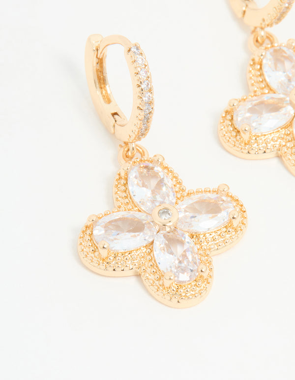 Gold Cubic Zirconia Flower Huggie Earrings