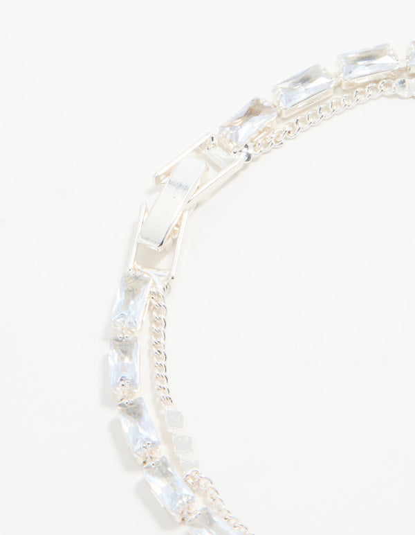 Silver Cubic Zirconia Diamante & Chain Bracelet