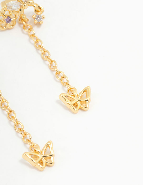 Gold Plated Butterfly Stud & Chain Drop Earrings
