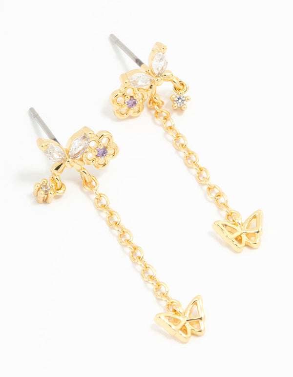 Gold Plated Butterfly Stud & Chain Drop Earrings