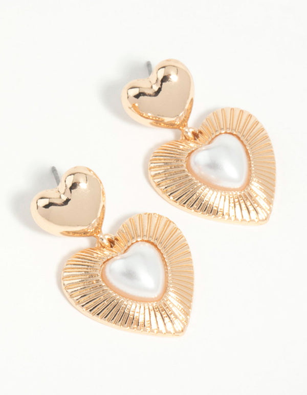 Gold Pearl Heart Drop Earrings