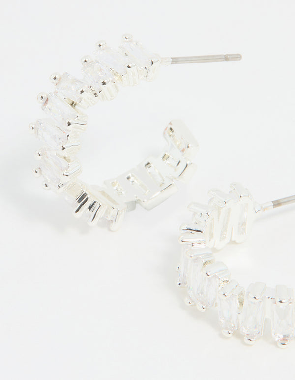 Silver Plated Cubic Zirconia Baguette Hoop Earrings