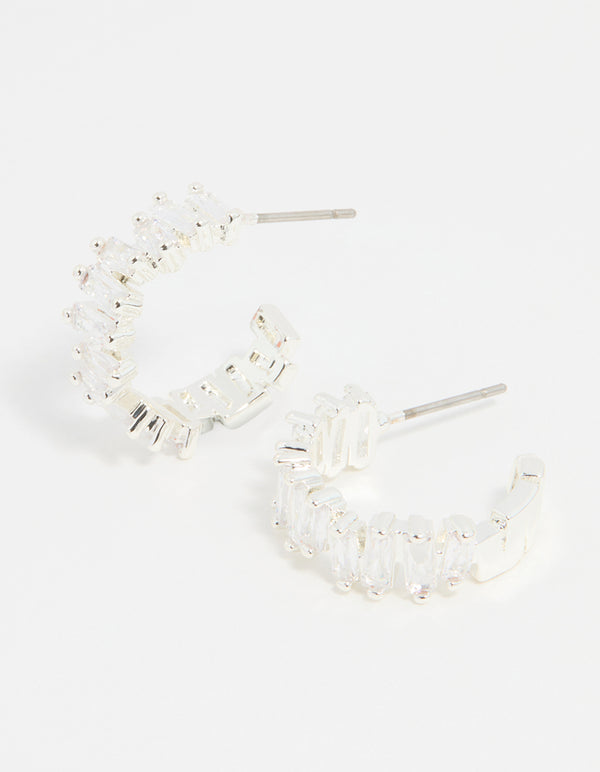 Silver Plated Cubic Zirconia Baguette Hoop Earrings