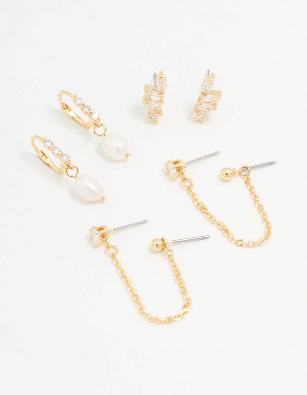 Gold Plated Cubic Zirconia Marquise Freshwater Pearl Earrings 3-Pack