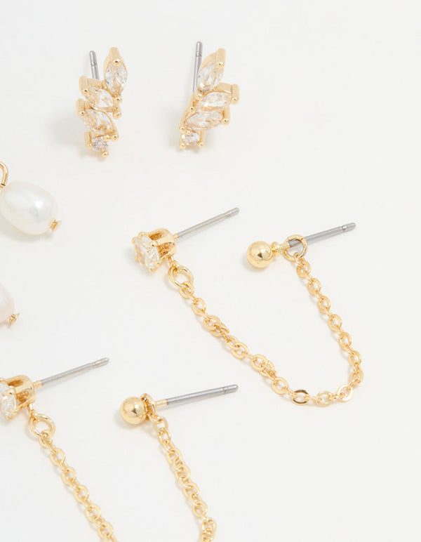 Gold Plated Cubic Zirconia Marquise Freshwater Pearl Earrings 3-Pack