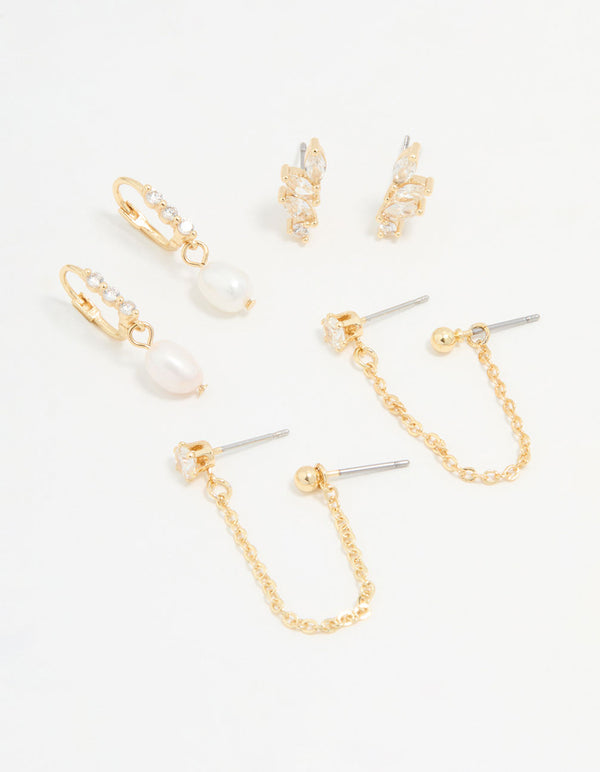 Gold Plated Cubic Zirconia Marquise Freshwater Pearl Earrings 3-Pack