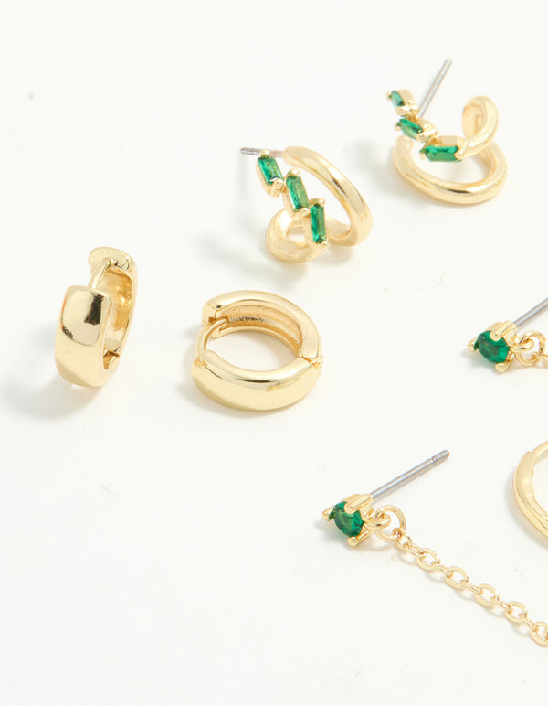 Gold Plated Green Cubic Zirconia Stacker Earrings 5-Pack