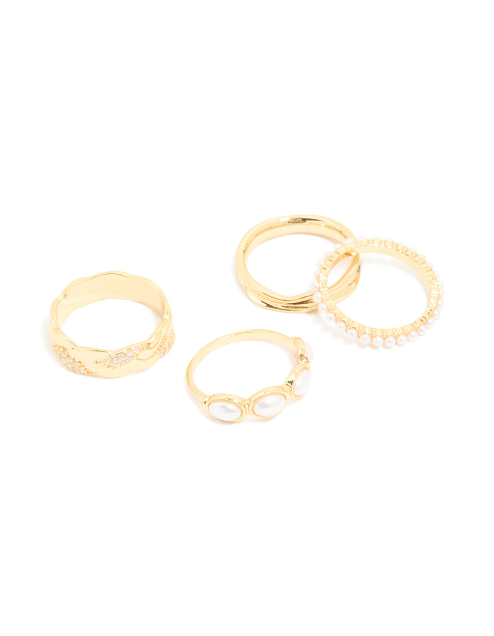 Gold Plated Diamante & Pearl Twisted Rings 4-Pack
