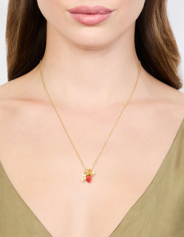 Waterproof Gold Plated Stainless Steel Strawberry & Flower Pendant Necklace
