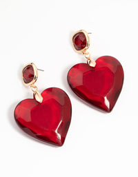 Gold Red Acrylic Heart Drop Earrings - link has visual effect only