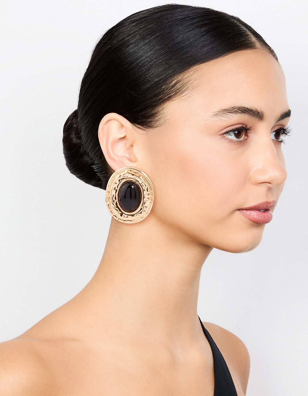 Gold Hammered Black Stone Stud Earrings