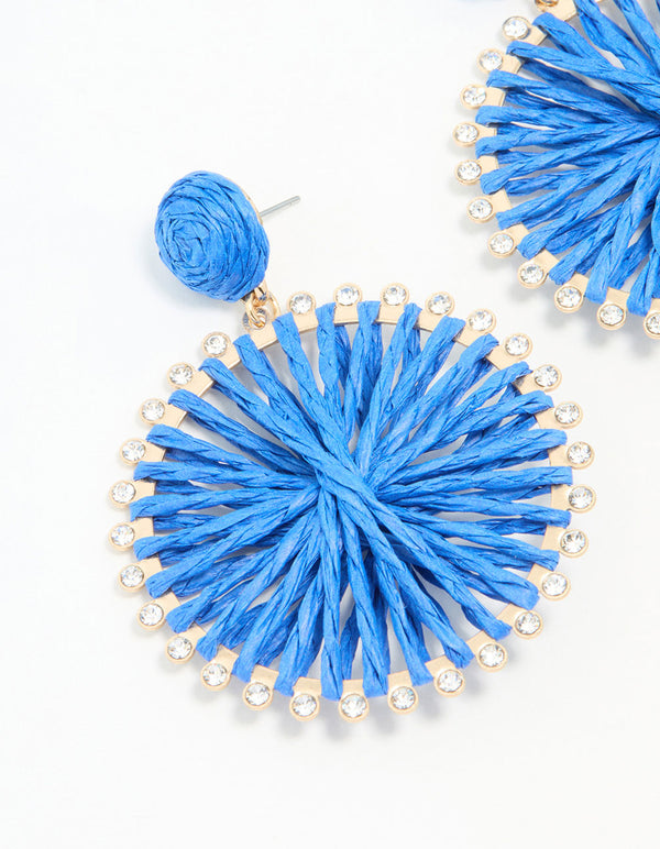 Blue Raffia Diamante Circle Drop Earrings