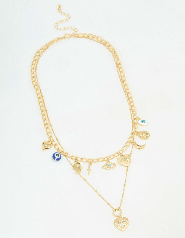 Gold Evil Eye Charm Layered Necklace