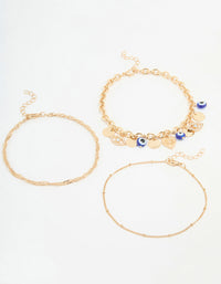 Gold Chain & Evil Eye Charm Bracelets 3-Pack - link has visual effect only