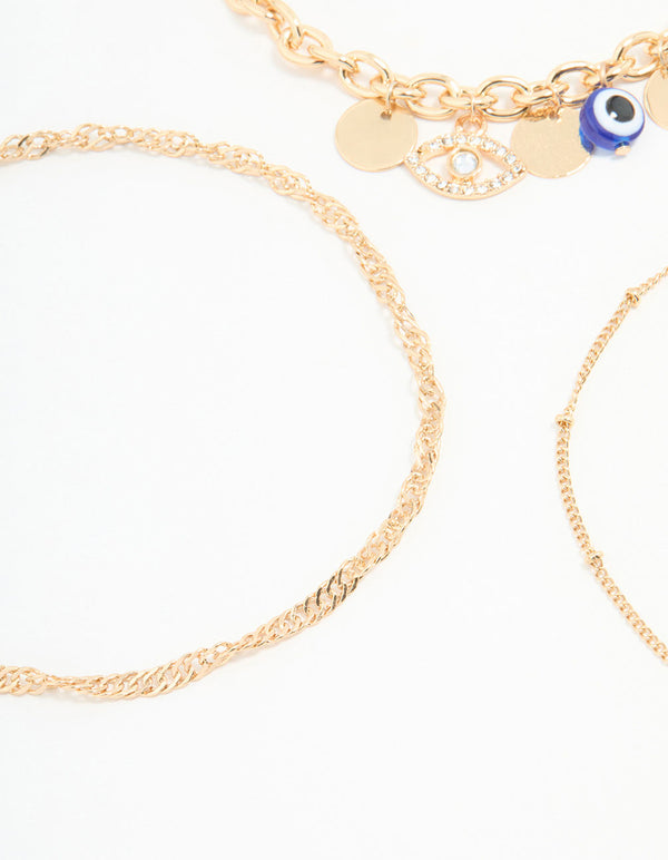 Gold Chain & Evil Eye Charm Bracelets 3-Pack