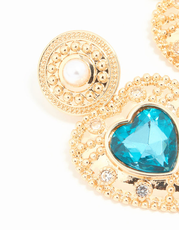 Gold Blue Stone Heart Drop Earrings