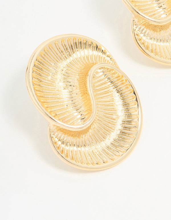 Gold Ribbed Swirl Small Stud Earrings