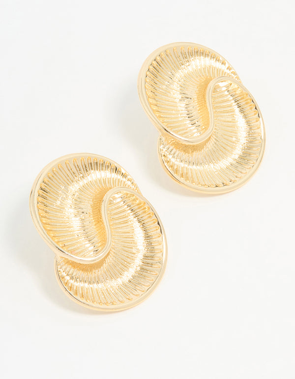 Gold Ribbed Swirl Small Stud Earrings