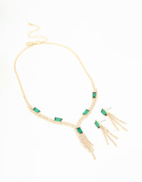 Gold Emerald Diamante Tassel Necklace & Earrings Set - link has visual effect only