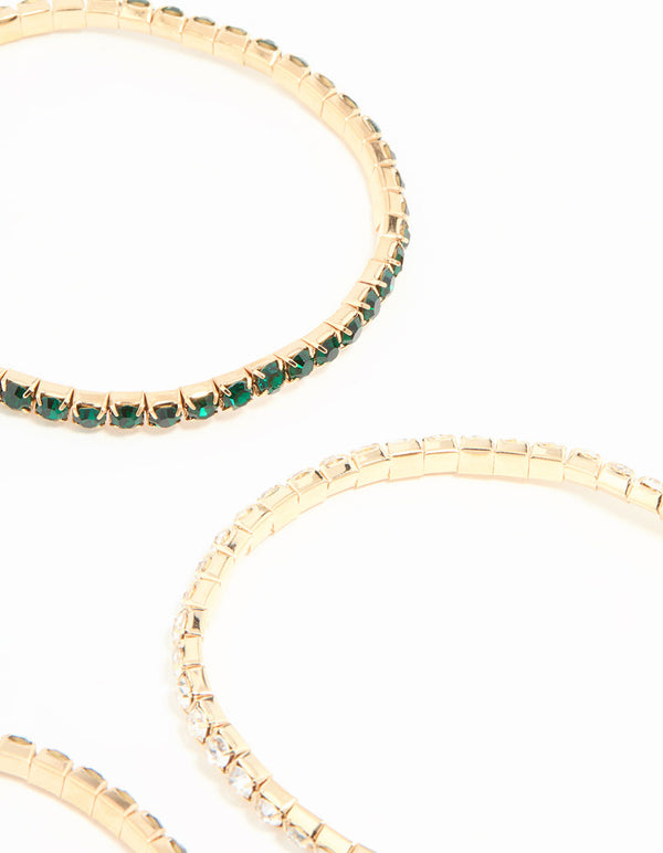 Gold Green Diamante Stretch Bangles 4-Pack