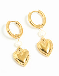 Waterproof Gold Plated Stainless Steel Pearl Heart Huggie Earrings - link has visual effect only
