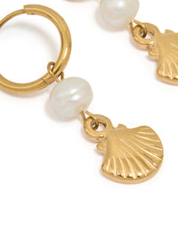 Waterproof Gold Plated Stainless Steel Pearl Shell Drop Huggie Earrings - link has visual effect only