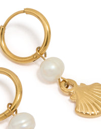Waterproof Gold Plated Stainless Steel Pearl Shell Drop Huggie Earrings - link has visual effect only