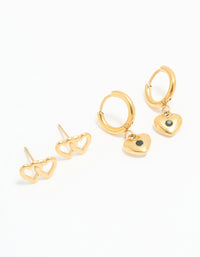 Waterproof Gold Plated Stainless Steel Heart Stud & Huggie Earrings 2-Pack - link has visual effect only