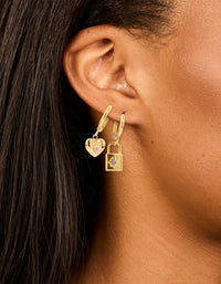 Waterproof Gold Plated Stainless Steel Heart & Lock Huggie Earrings 2-Pack - link has visual effect only