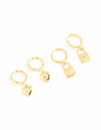 Waterproof Gold Plated Stainless Steel Heart & Lock Huggie Earrings 2-Pack - link has visual effect only