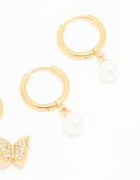 Waterproof Gold Plated Stainless Steel Diamante & Freshwater Pearl Butterfly Huggie Earrings 2-Pack - link has visual effect only