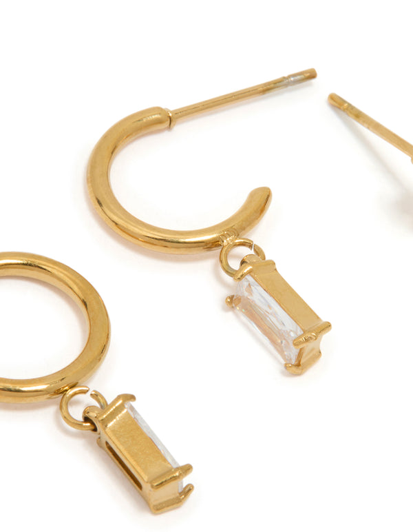 Waterproof Gold Plated Stainless Steel Cubic Zirconia Rectangle Stud & Hoop Earrings 2-Pack