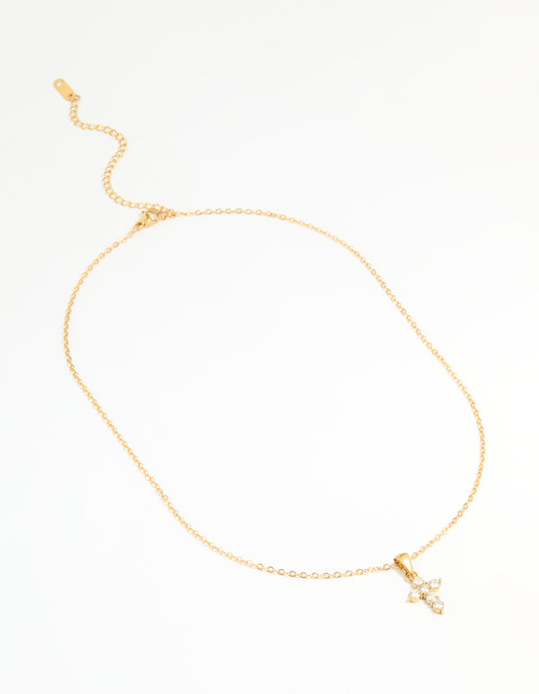Waterproof Gold Plated Stainless Steel Cubic Zirconia Cross Pendant Necklace