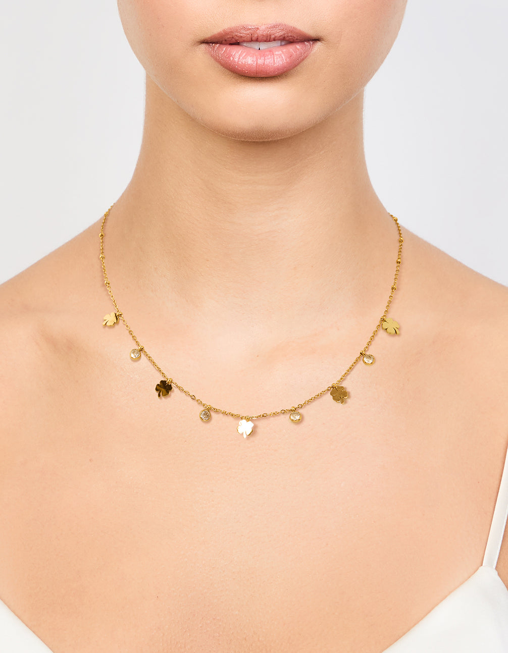 Waterproof Gold Plated Stainless Steel Cubic Zirconia Clover Pendant Necklace