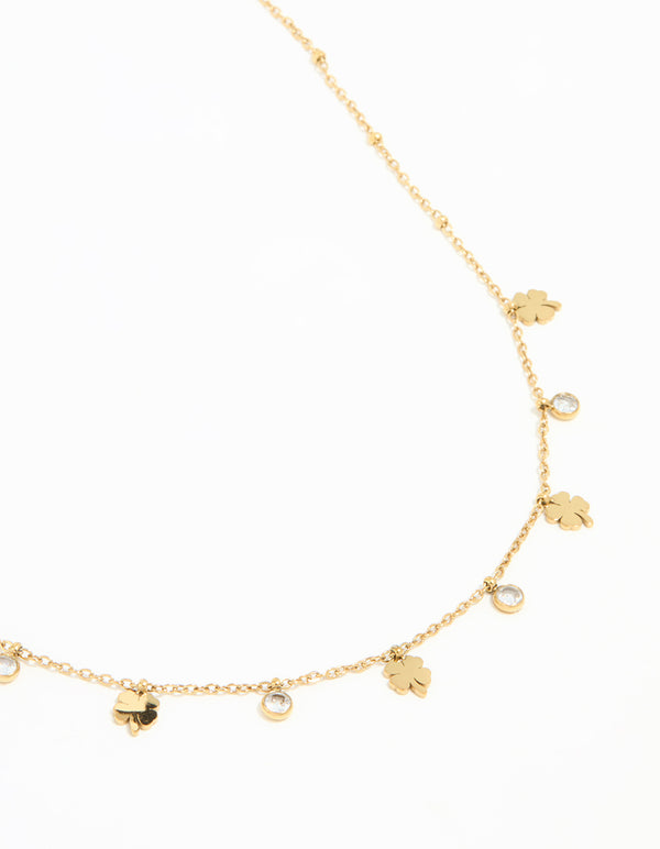 Waterproof Gold Plated Stainless Steel Cubic Zirconia Clover Pendant Necklace